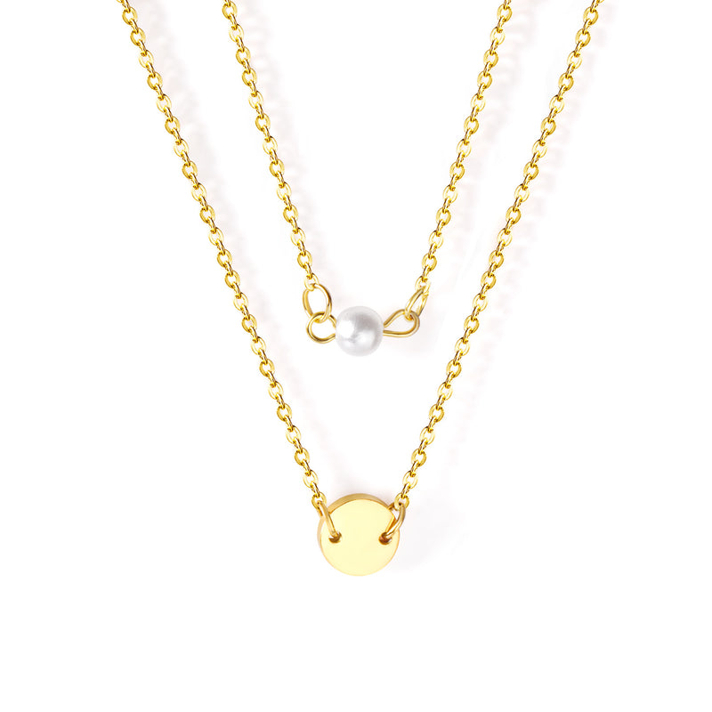 Double Necklace Round 10mm+6mm White Plastic Round Pearls Gold Color