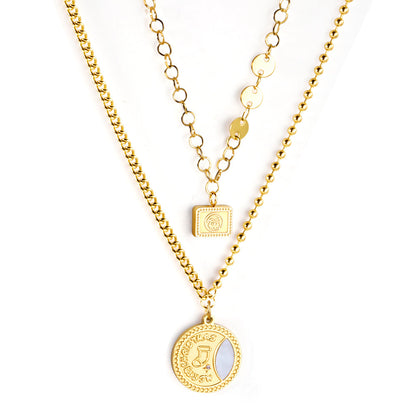 Rectangle+Round Pendant+Double Chain 45+43+5cm Golden asonjewelry