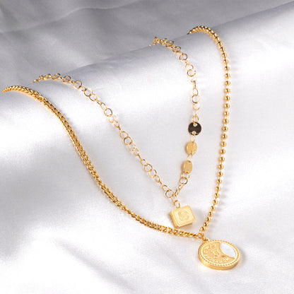 Rectangle+Round Pendant+Double Chain 45+43+5cm Golden asonjewelry