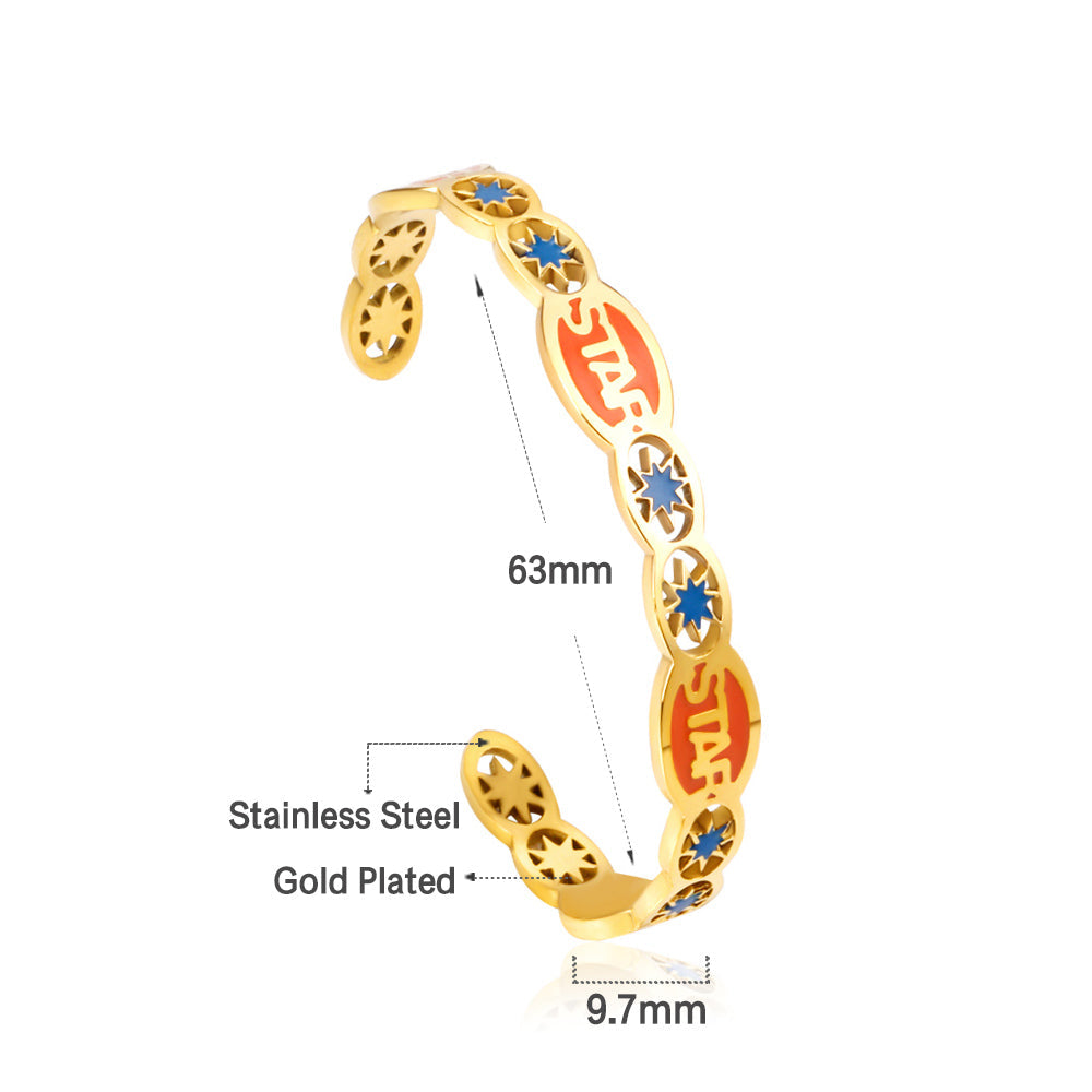 Hard bangle with many colors on the surface with drops of oil and shells in open gold color asonjewelry