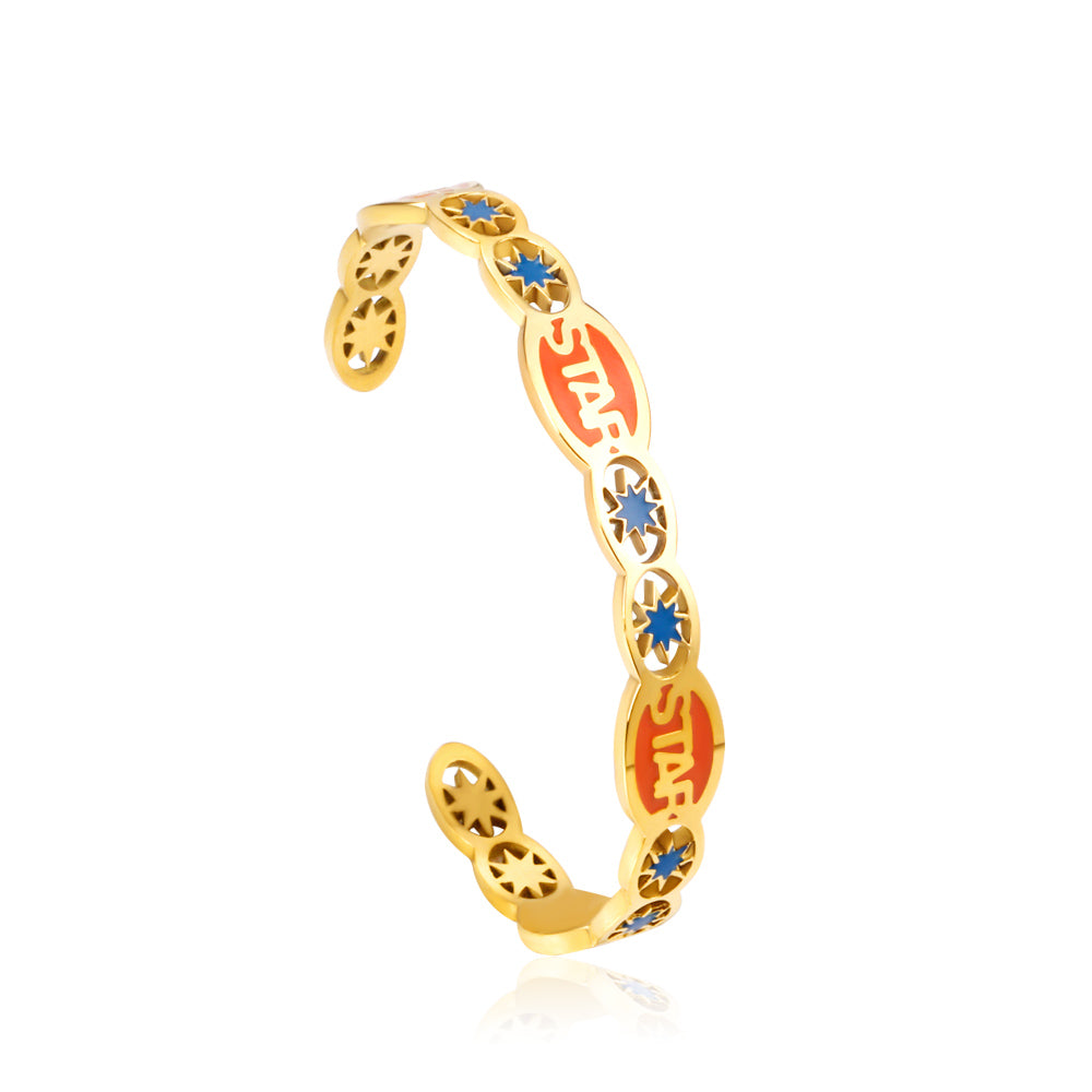 Hard bangle with many colors on the surface with drops of oil and shells in open gold color asonjewelry