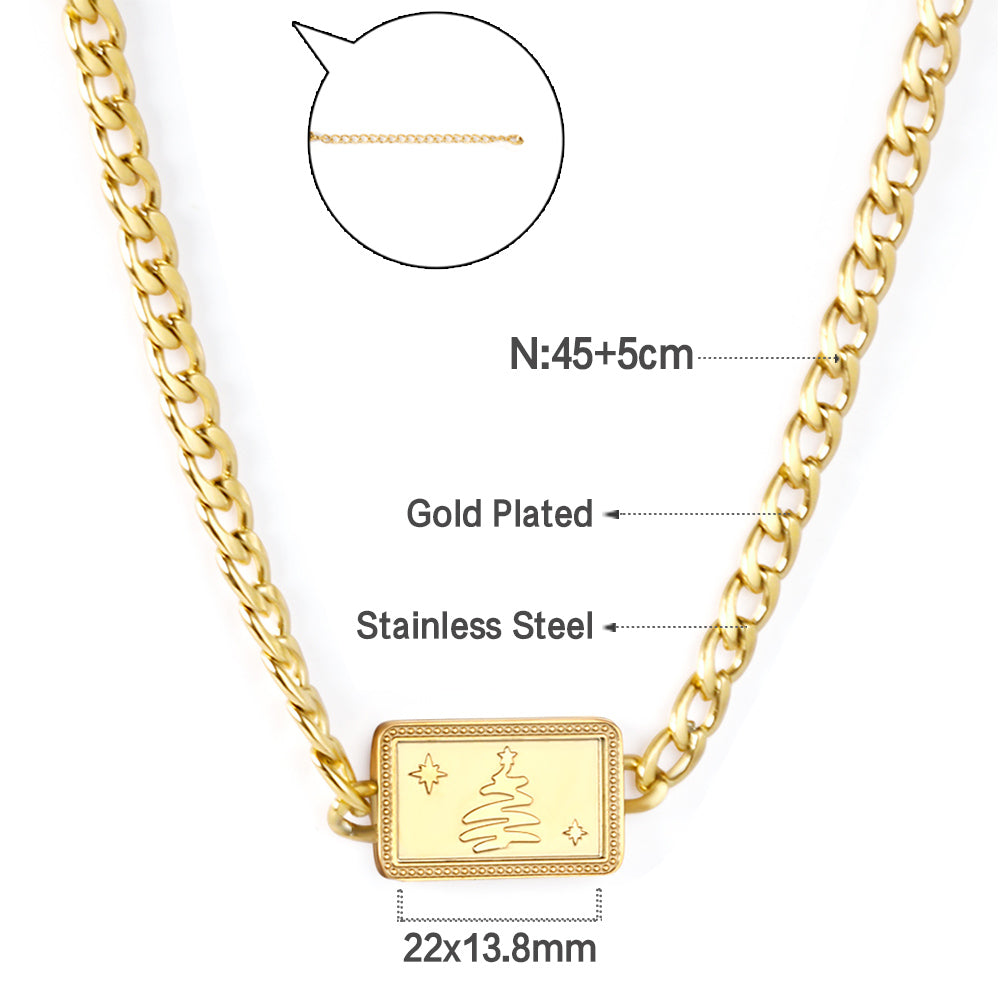 Square Christmas Tree Pendant Necklace 45+5cm Gold Color asonjewelry