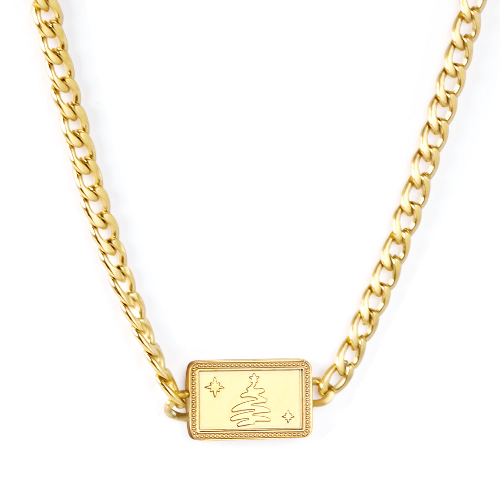 Square Christmas Tree Pendant Necklace 45+5cm Gold Color asonjewelry