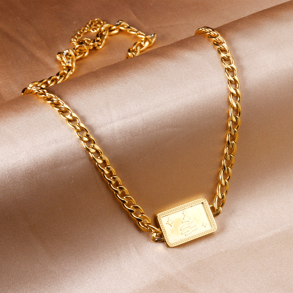 Square Christmas Tree Pendant Necklace 45+5cm Gold Color asonjewelry