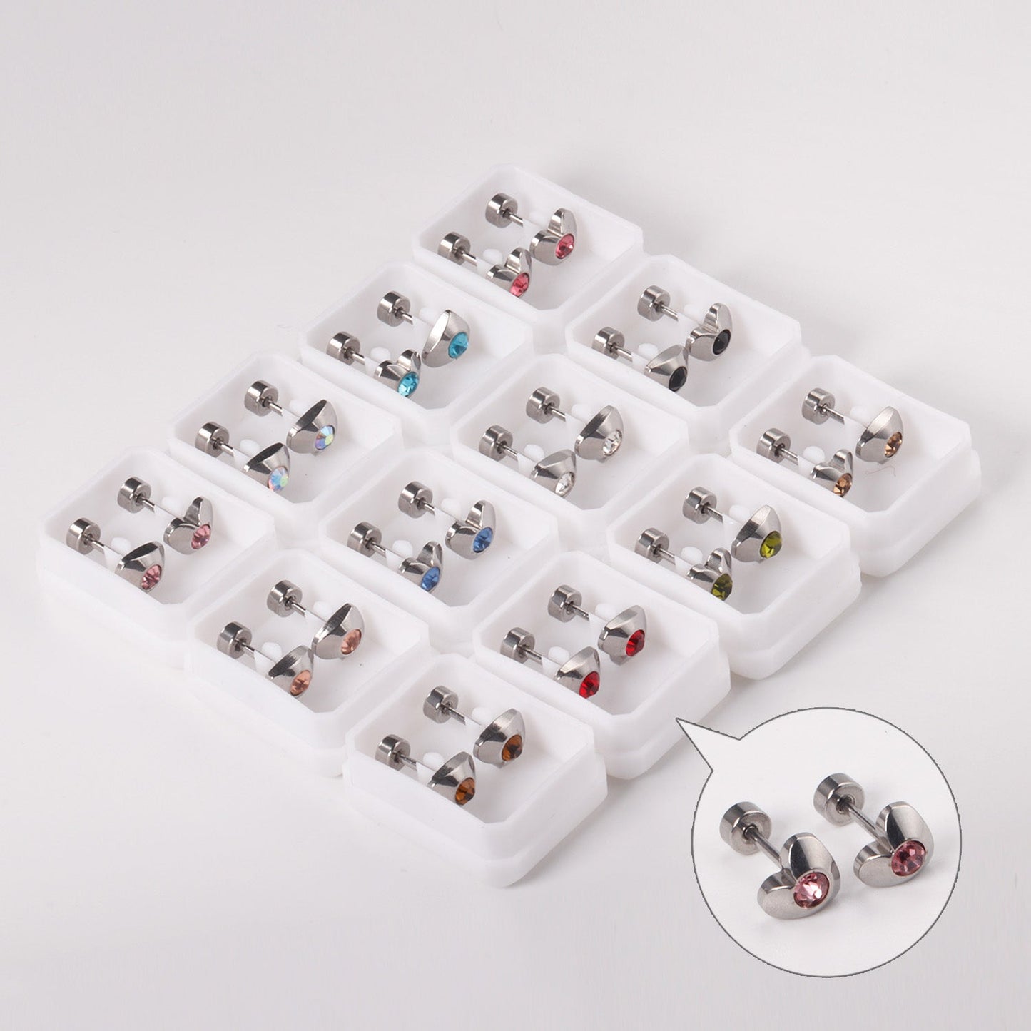 12 pairs 7mm steel/golden heart mix/white diamond screw plugs asonjewelry