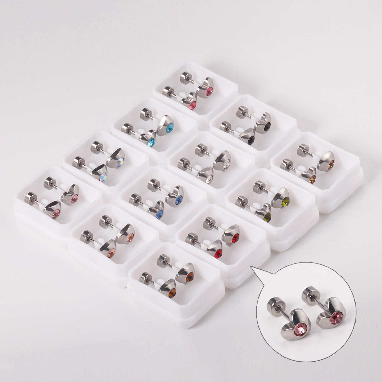 12 pairs 7mm steel/golden heart mix/white diamond screw plugs asonjewelry
