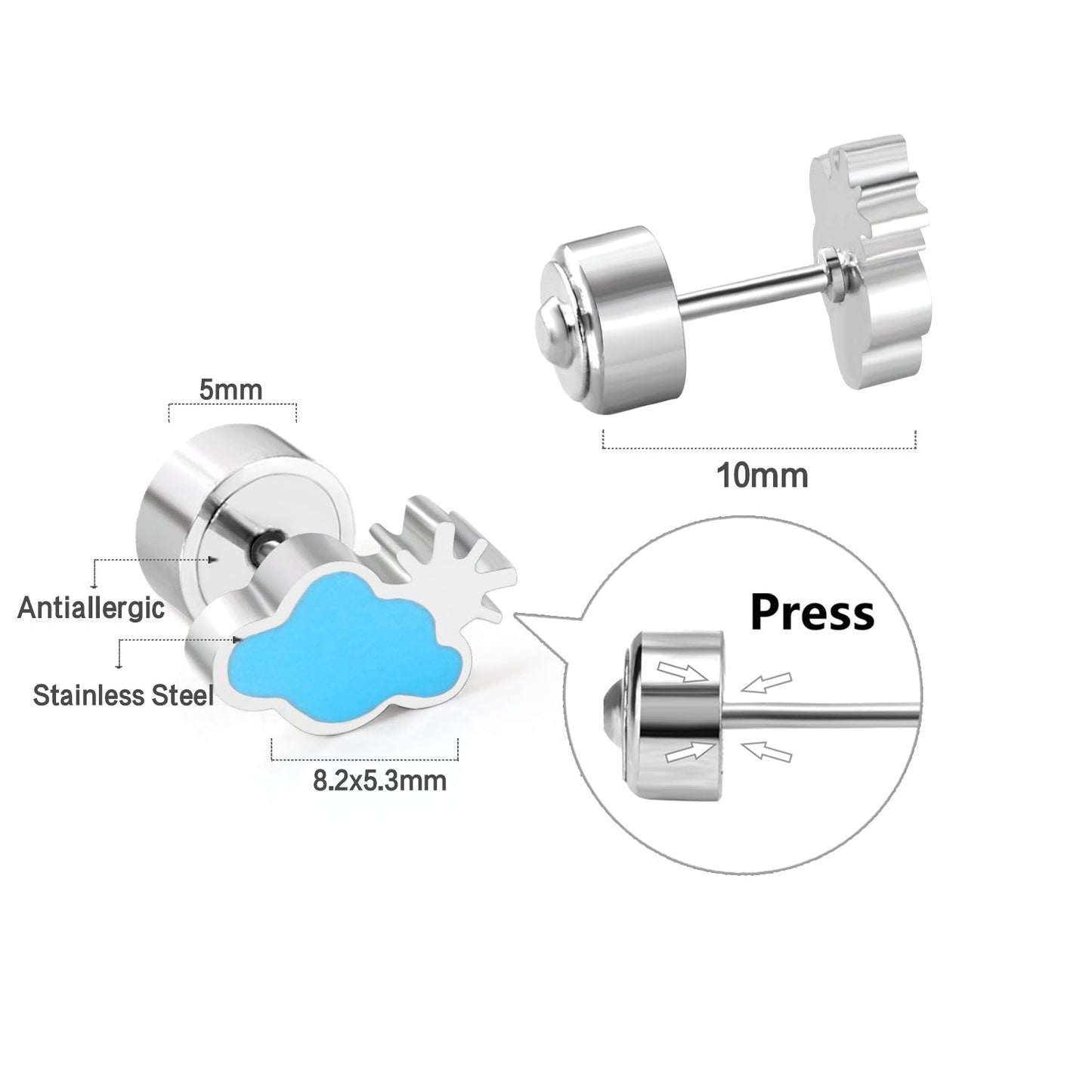 12 pairs Snapped Earbuds Cloud Studs Steel/Gold asonjewelry