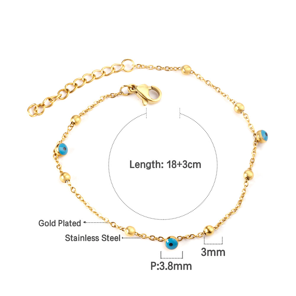 3 blue eyeballs + 7 steel beads bracelet 18+3cm asonjewelry
