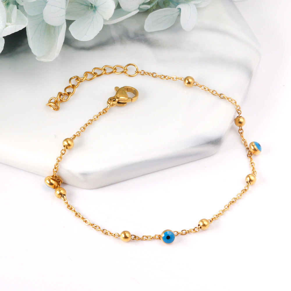3 blue eyeballs + 7 steel beads bracelet 18+3cm asonjewelry