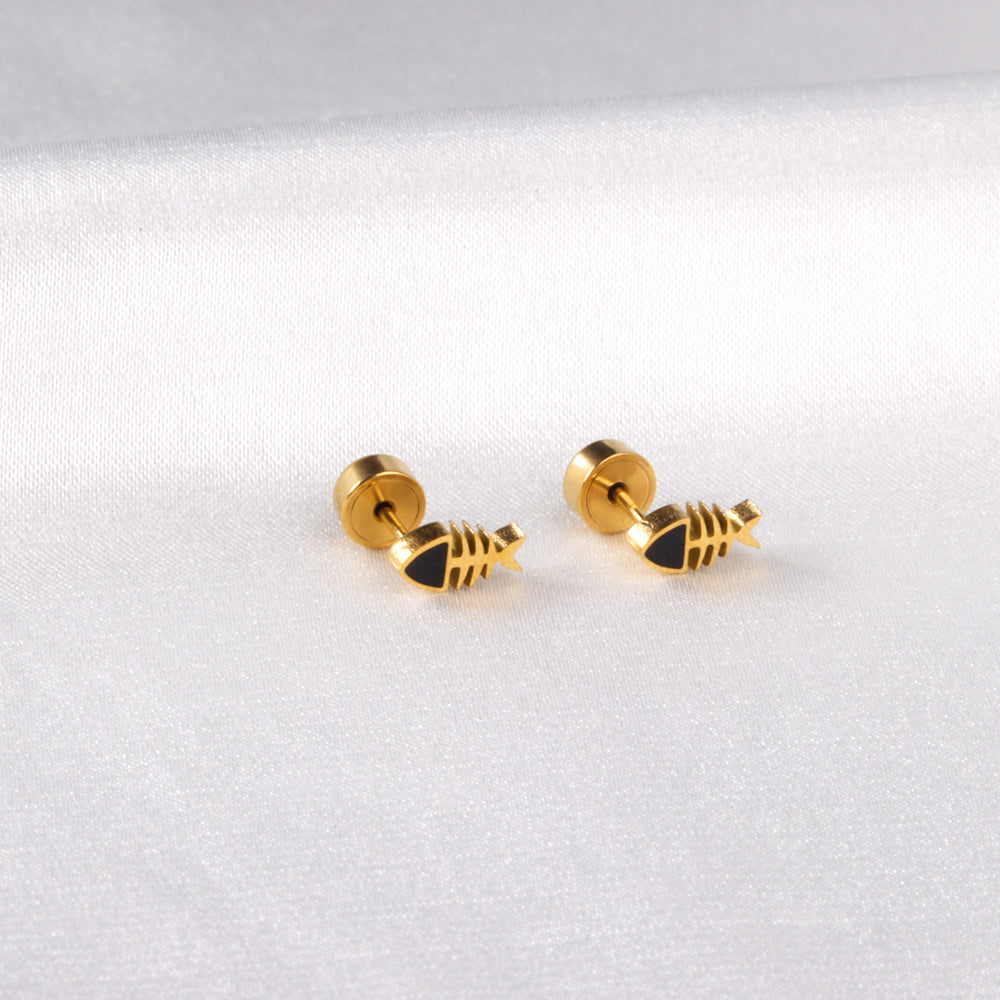 12 pairs Snapped Earplug Fishbone Stud Earrings Steel/Gold asonjewelry