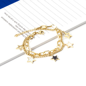 14K Double Chain Pentagram Black Shell with White Shell Bracelet Steel Color 17+3cm