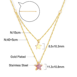 1 glossy star + 1 pink diamond star pendant + double chain 40+15+5cm