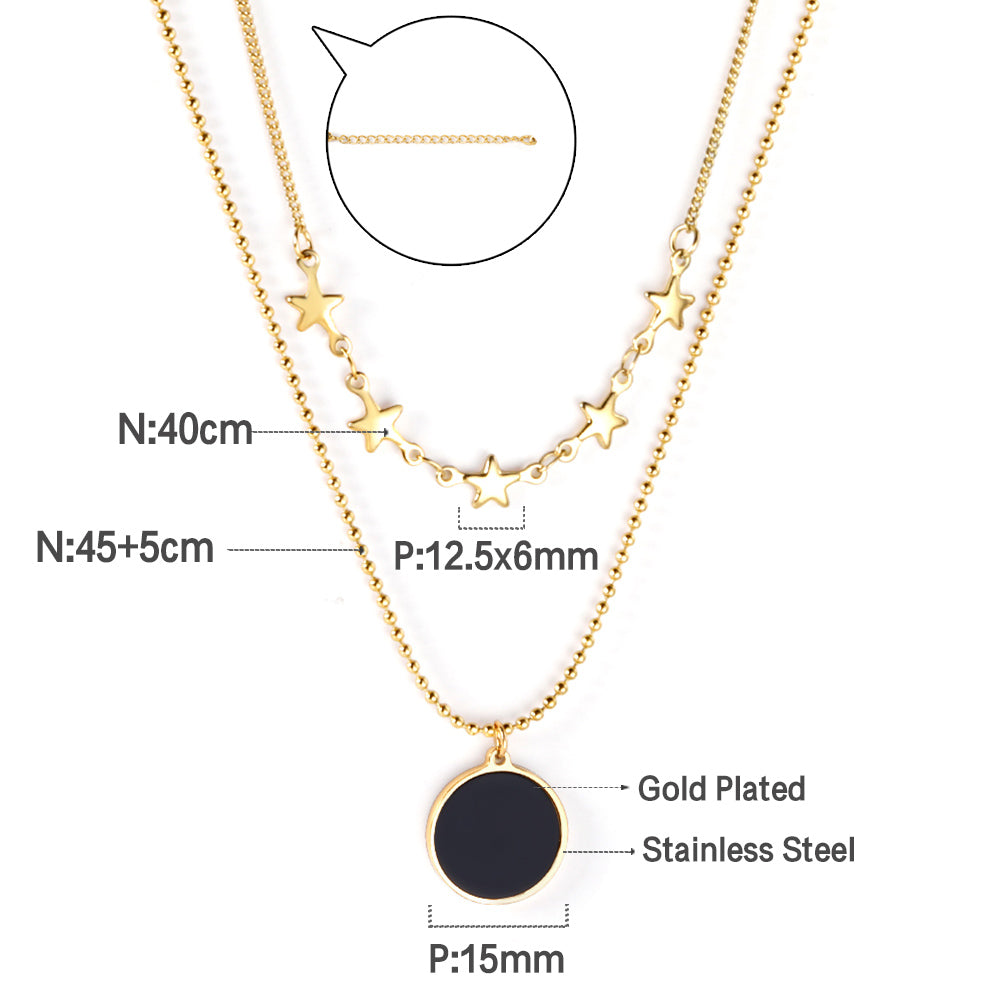 5 stars + round black oil drop pendant + double chain 45+40+5cm asonjewelry