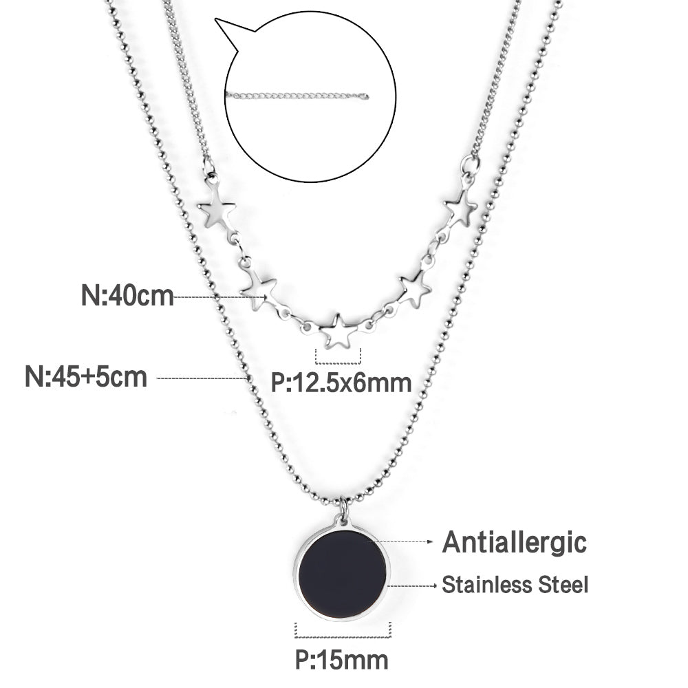 5 stars + round black oil drop pendant + double chain 45+40+5cm asonjewelry