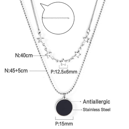5 stars + round black oil drop pendant + double chain 45+40+5cm asonjewelry