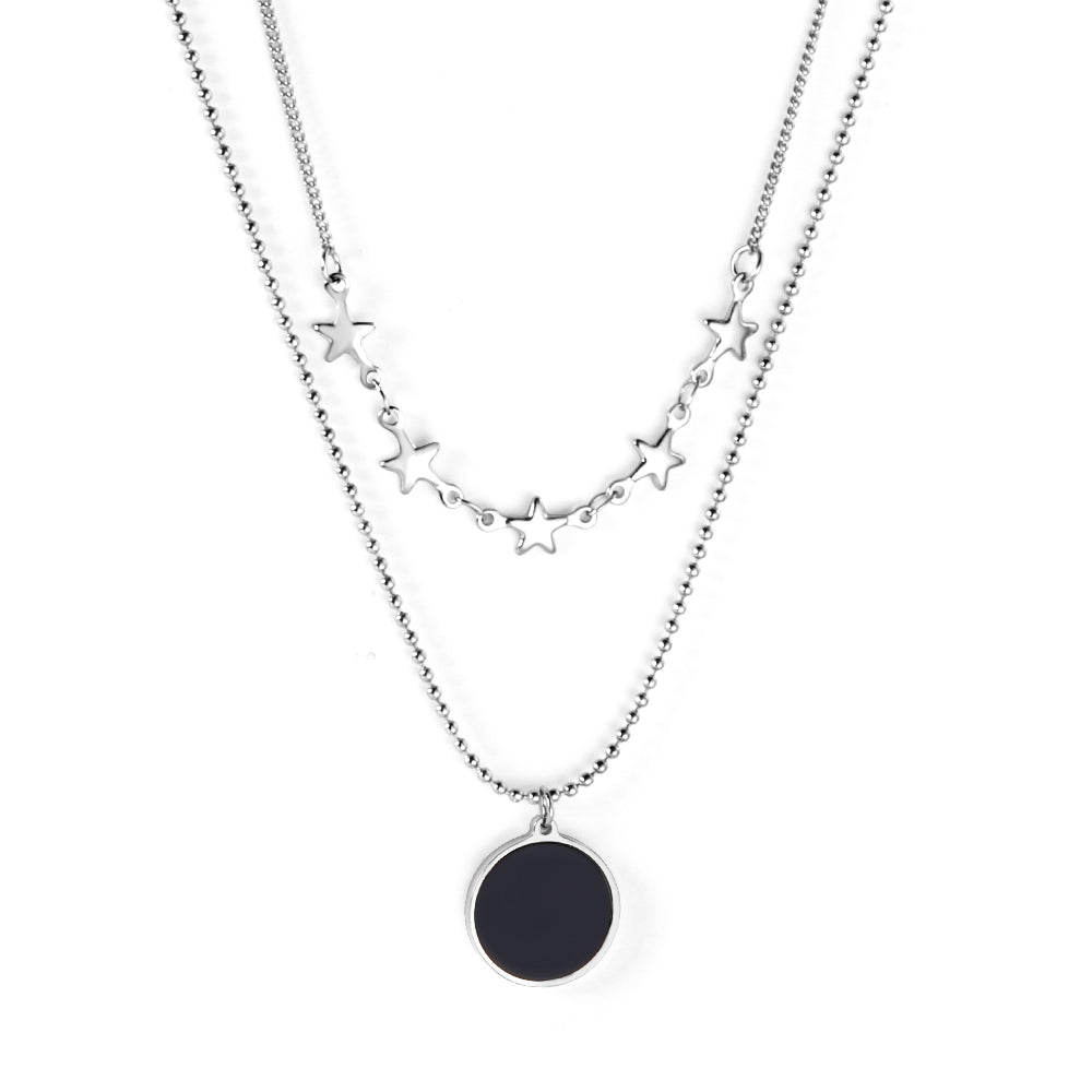 5 stars + round black oil drop pendant + double chain 45+40+5cm asonjewelry