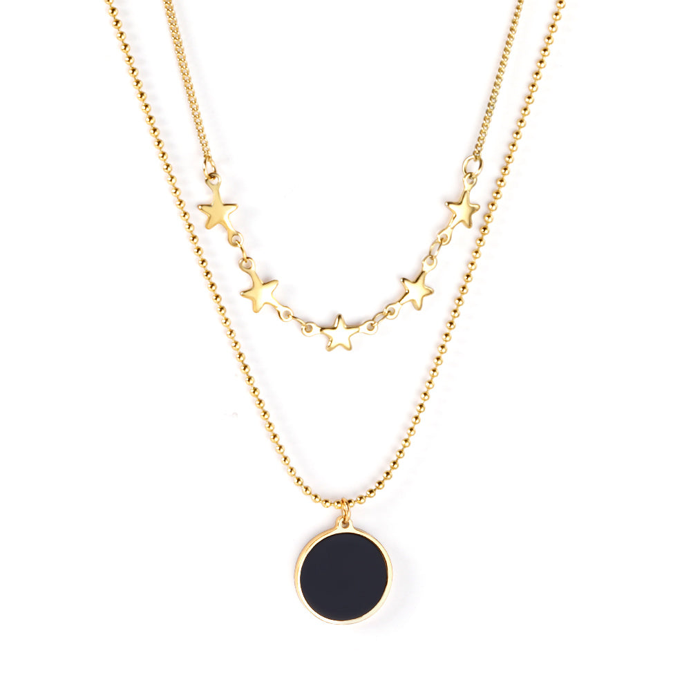 5 stars + round black oil drop pendant + double chain 45+40+5cm asonjewelry