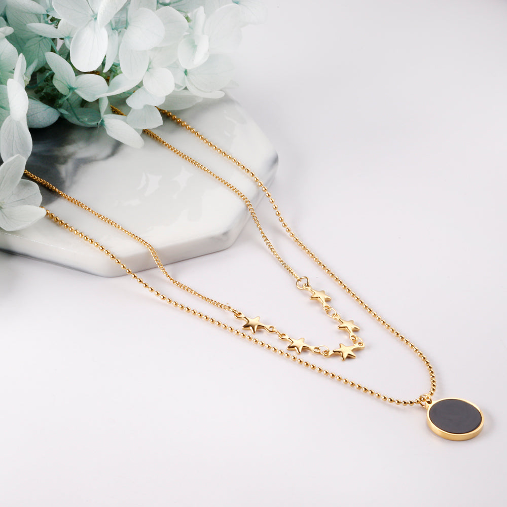 5 stars + round black oil drop pendant + double chain 45+40+5cm asonjewelry