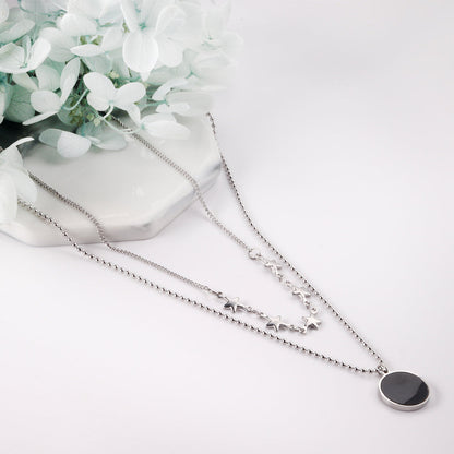 5 stars + round black oil drop pendant + double chain 45+40+5cm asonjewelry
