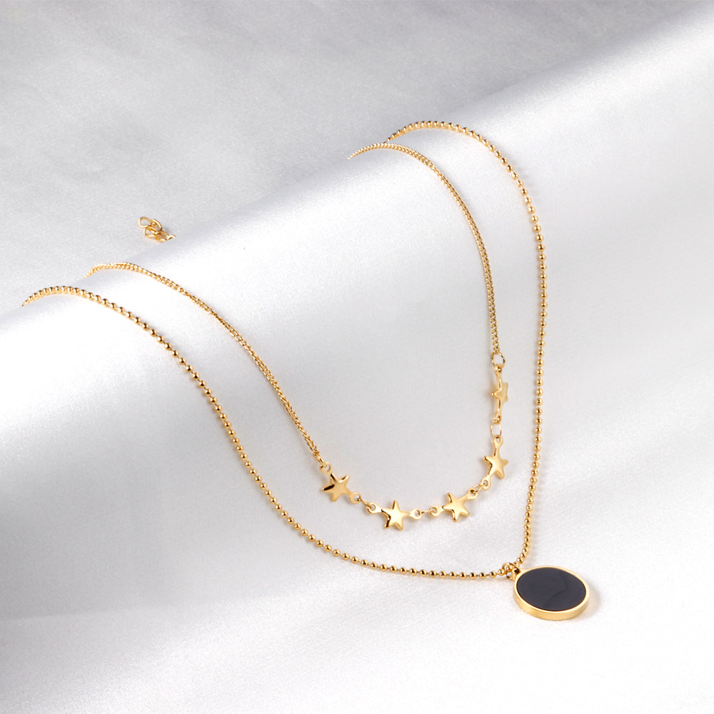 5 stars + round black oil drop pendant + double chain 45+40+5cm asonjewelry