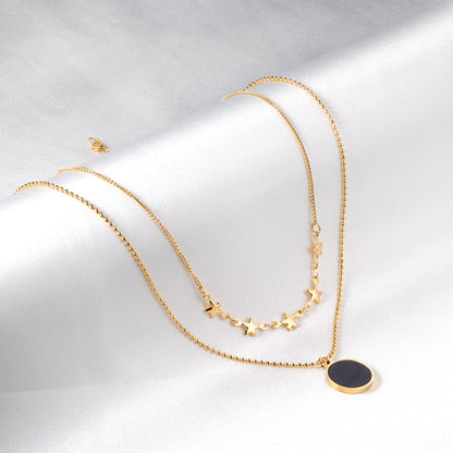 5 stars + round black oil drop pendant + double chain 45+40+5cm asonjewelry