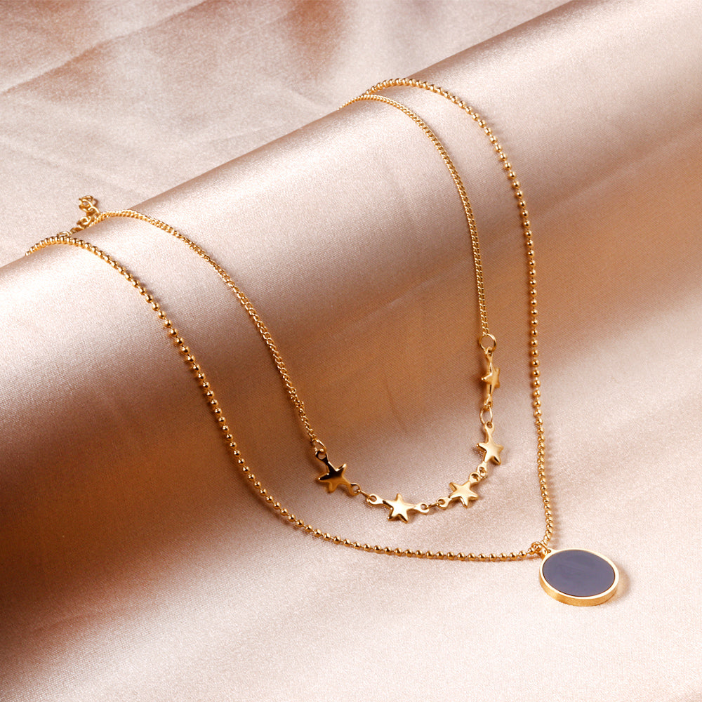 5 stars + round black oil drop pendant + double chain 45+40+5cm asonjewelry