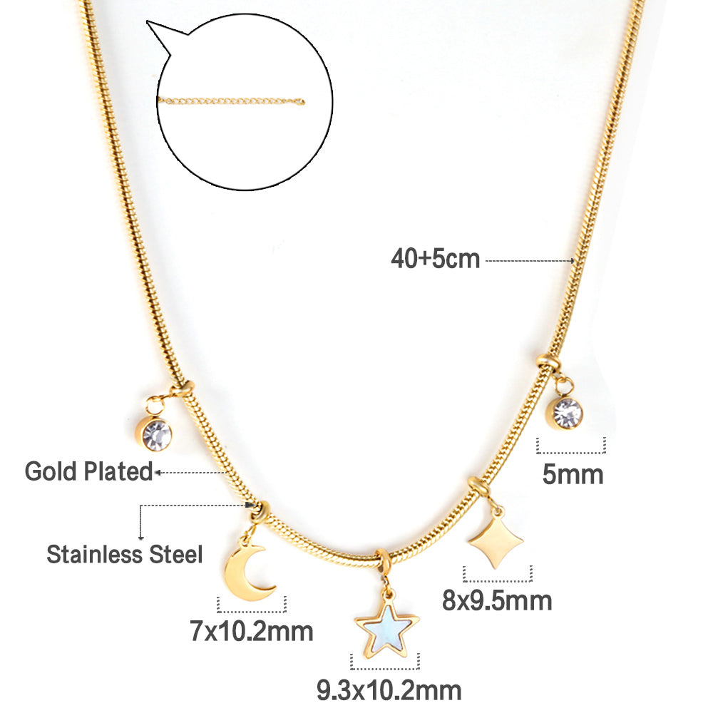 2 round diamonds + 1 moon + 1 star + 1 diamond accessories pendant necklace 40+5cm asonjewelry