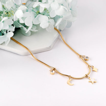 2 round diamonds + 1 moon + 1 star + 1 diamond accessories pendant necklace 40+5cm asonjewelry