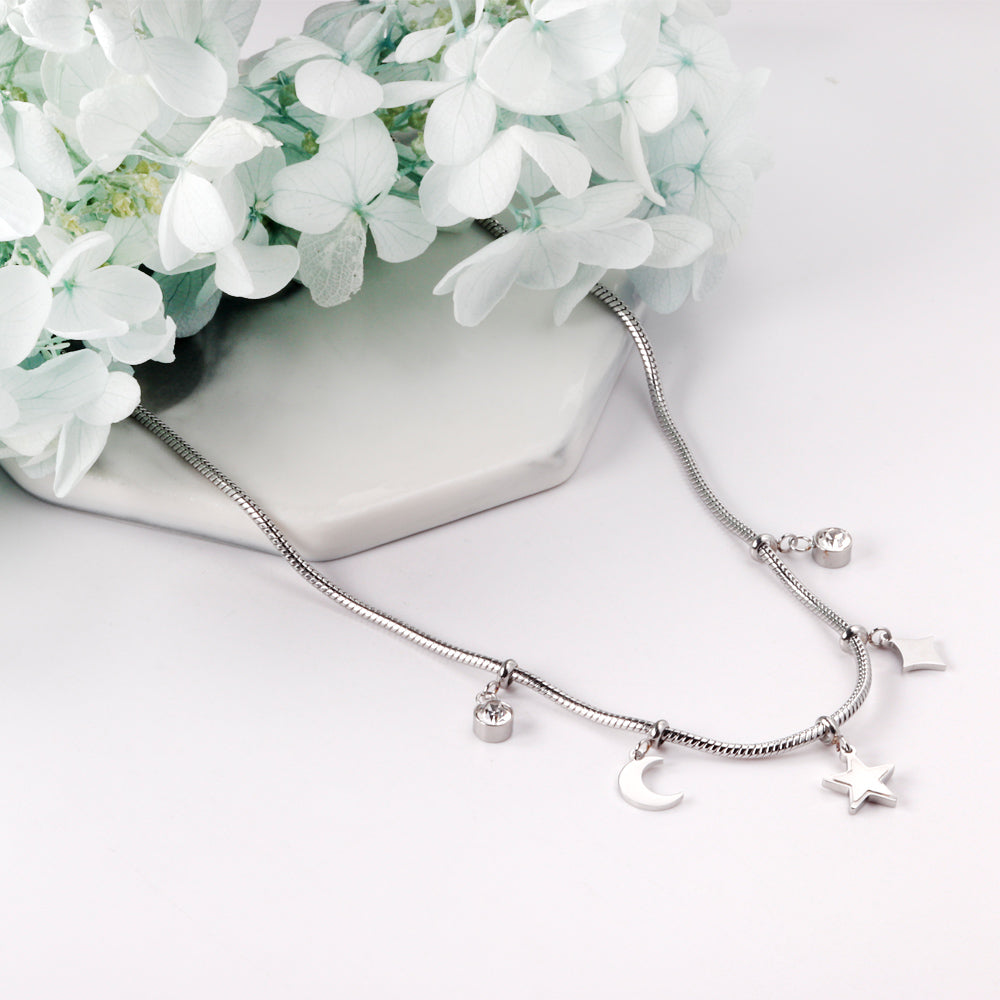 2 round diamonds + 1 moon + 1 star + 1 diamond accessories pendant necklace 40+5cm asonjewelry