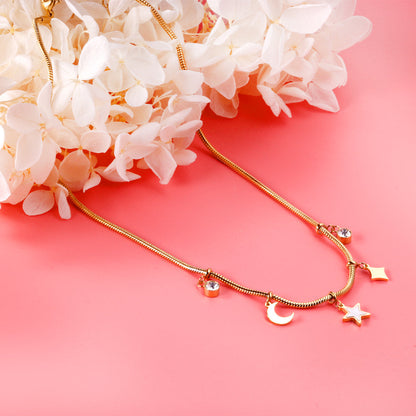 2 round diamonds + 1 moon + 1 star + 1 diamond accessories pendant necklace 40+5cm asonjewelry