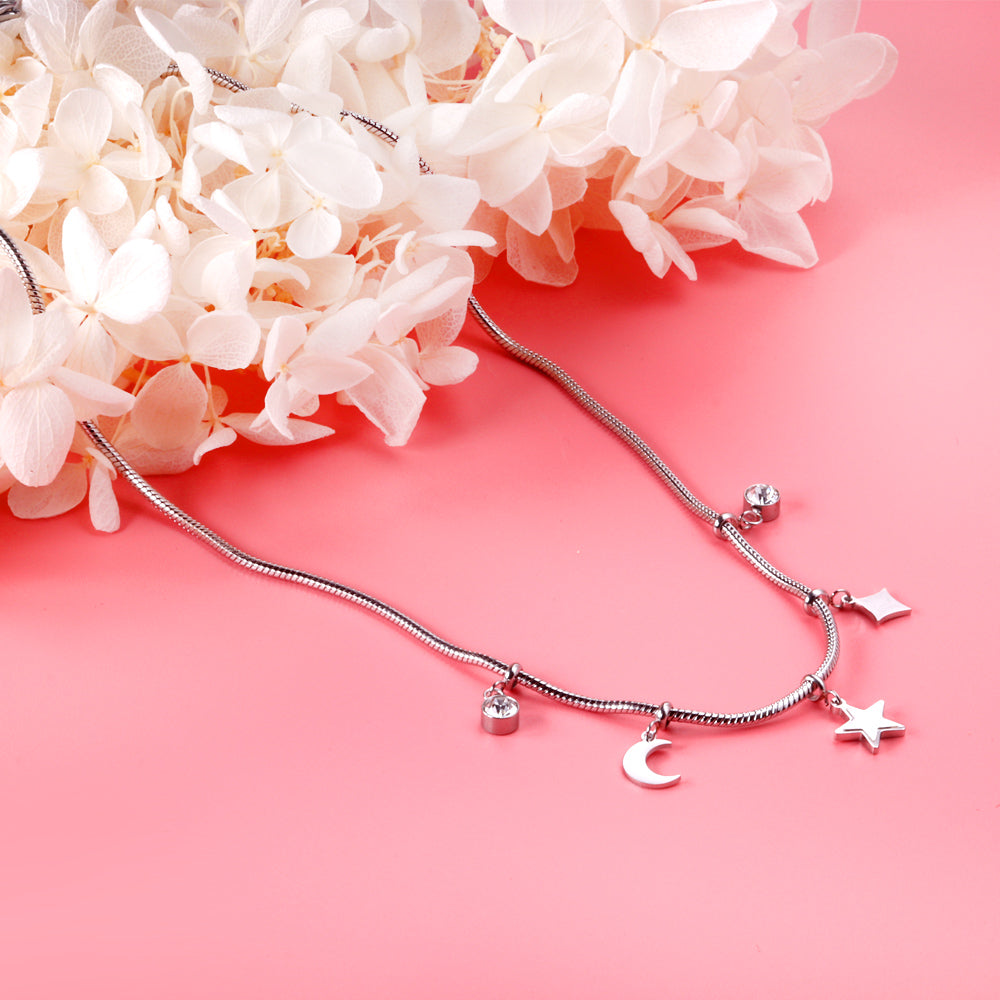 2 round diamonds + 1 moon + 1 star + 1 diamond accessories pendant necklace 40+5cm asonjewelry