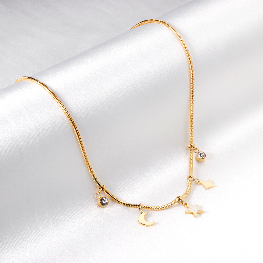 2 round diamonds + 1 moon + 1 star + 1 diamond accessories pendant necklace 40+5cm asonjewelry