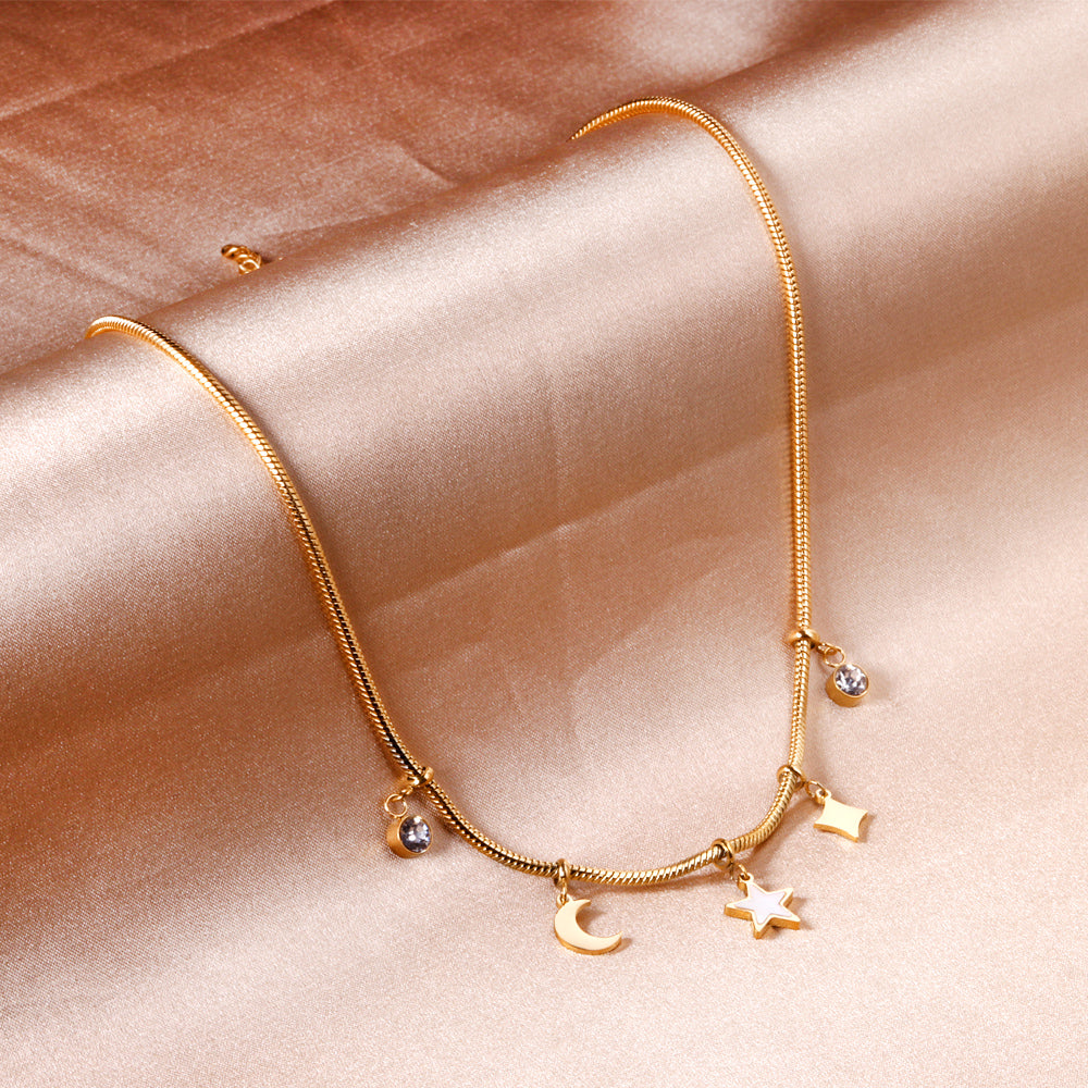 2 round diamonds + 1 moon + 1 star + 1 diamond accessories pendant necklace 40+5cm asonjewelry