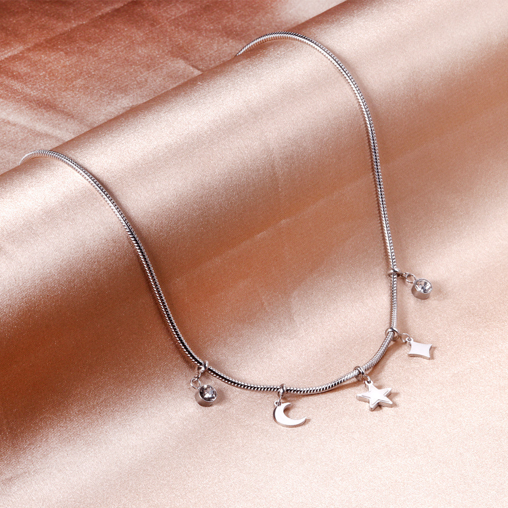 2 round diamonds + 1 moon + 1 star + 1 diamond accessories pendant necklace 40+5cm asonjewelry