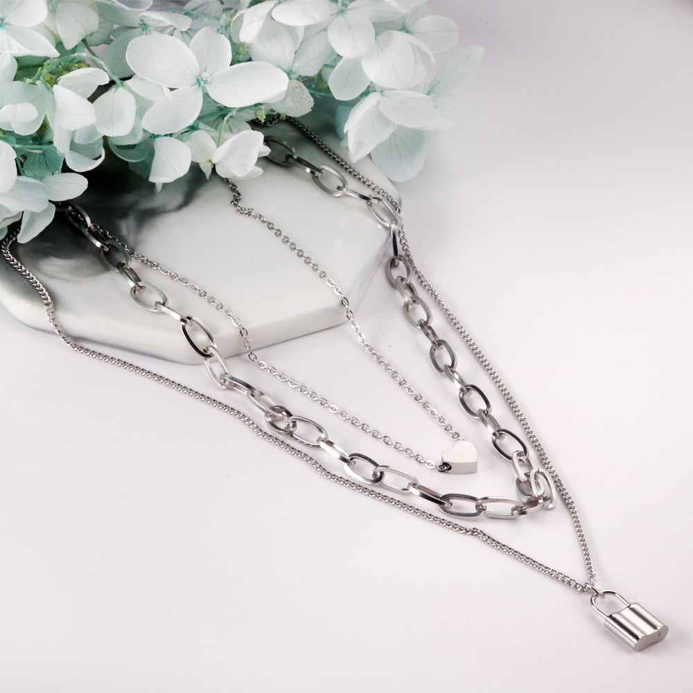 1 heart + 1 lock accessory pendant triple chain 50+43+40+5cm steel color asonjewelry