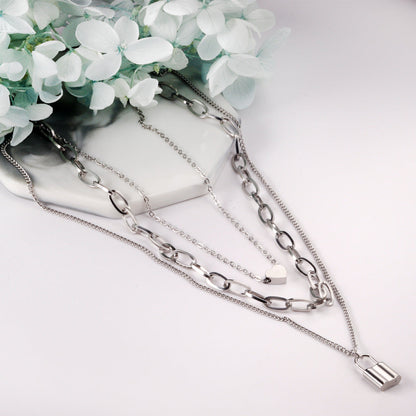 1 heart + 1 lock accessory pendant triple chain 50+43+40+5cm steel color asonjewelry