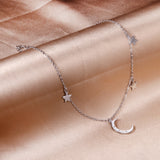 3 stars + moon pendant necklace with diamonds 40+5cm steel color