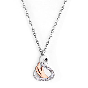 Swan with white & mixed color diamonds pendant necklace 45+5cm steel color