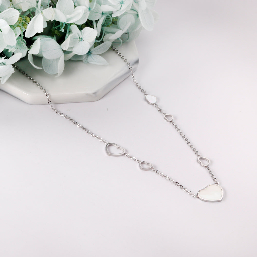 4 small and large hearts + 2 small and large hearts with shell pendant necklace 45+5cm steel color asonjewelry