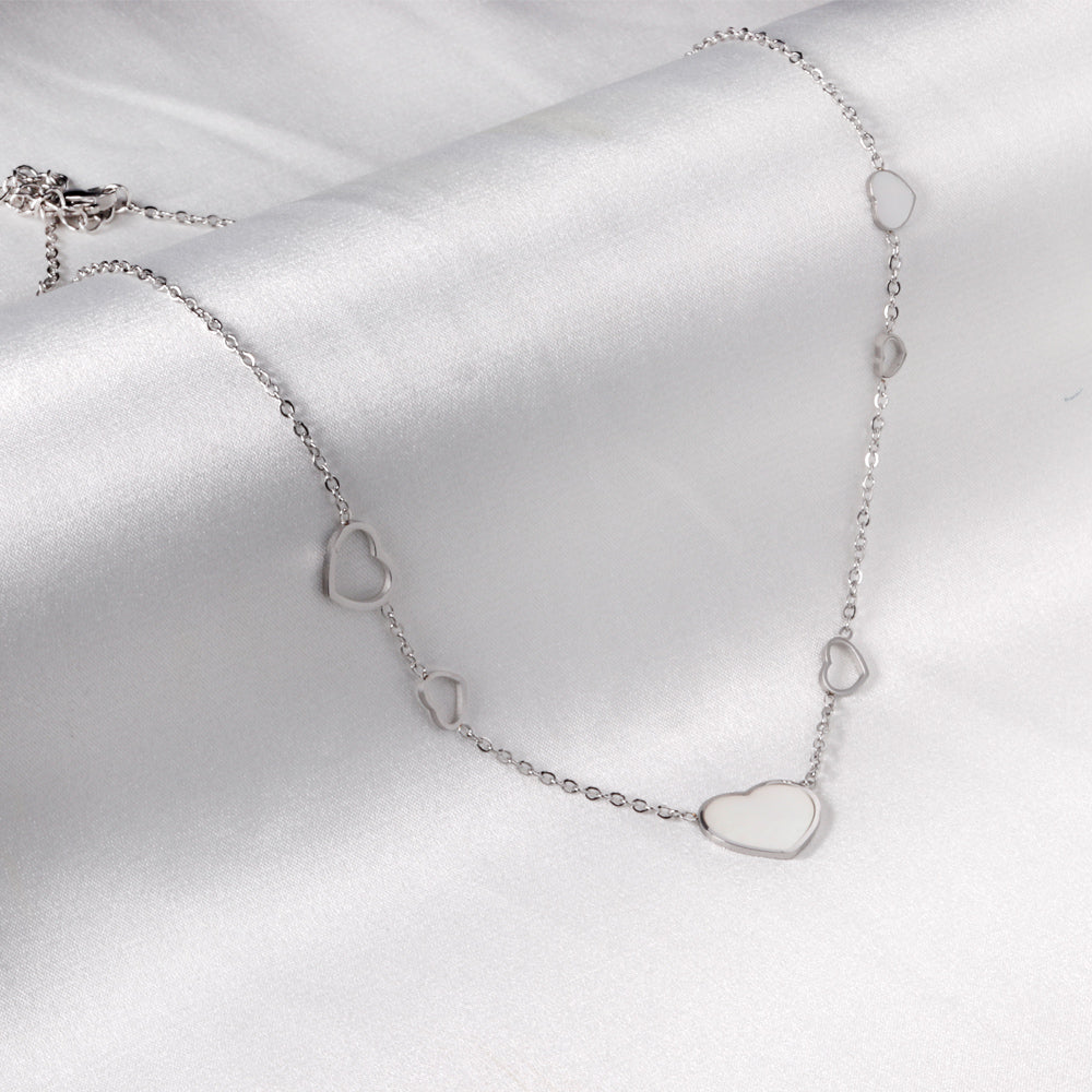 4 small and large hearts + 2 small and large hearts with shell pendant necklace 45+5cm steel color asonjewelry