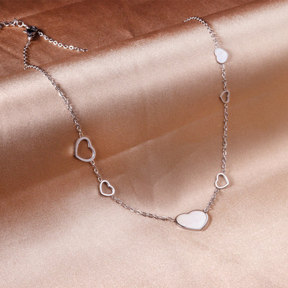 4 small and large hearts + 2 small and large hearts with shell pendant necklace 45+5cm steel color asonjewelry