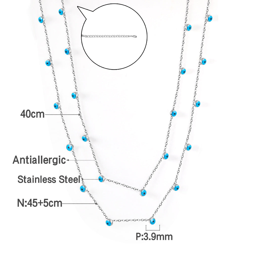 21 Blue Eye Beads Pendant Double Necklace 45+40+5cm Steel Color asonjewelry