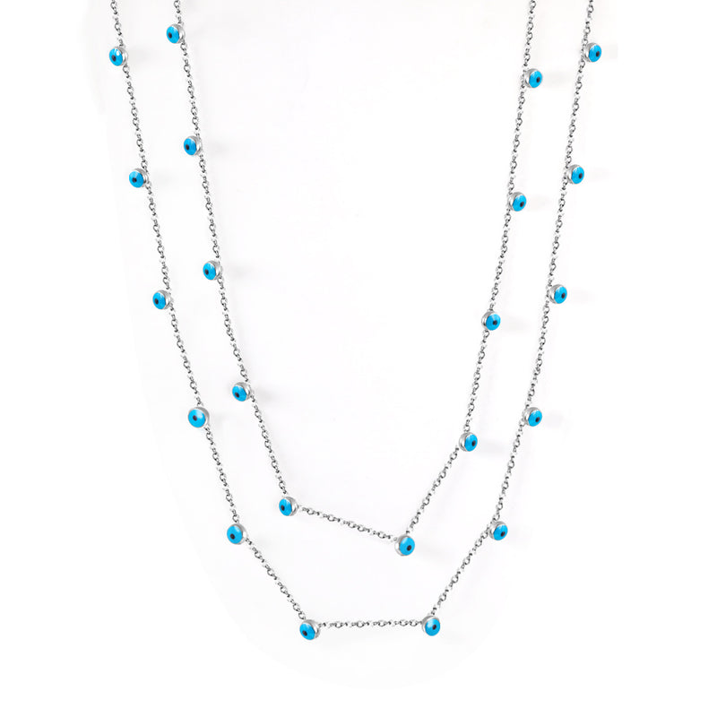 21 Blue Eye Beads Pendant Double Necklace 45+40+5cm Steel Color