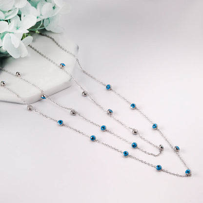 21 Blue Eye Beads Pendant Double Necklace 45+40+5cm Steel Color asonjewelry