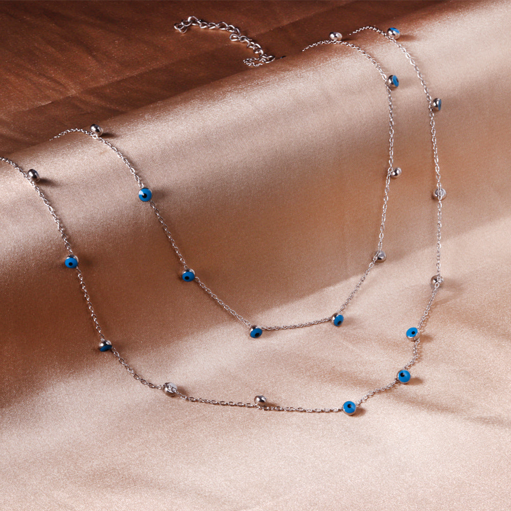 21 Blue Eye Beads Pendant Double Necklace 45+40+5cm Steel Color asonjewelry