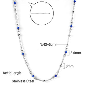10 Blue Beads + Steel Beads Pendant Necklace 43+5cm Steel Color