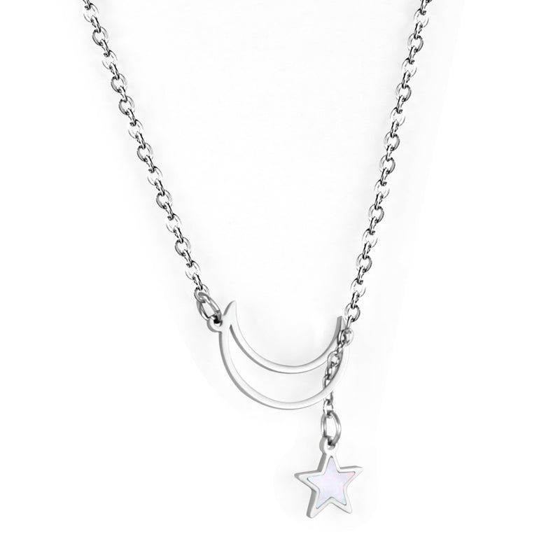Star with white shell + moon pendant necklace 50+5cm steel color