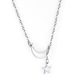 Star with white shell + moon pendant necklace 50+5cm steel color