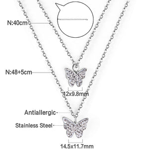 Butterfly pendant necklace with diamonds 48+40+5cm steel color