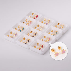 12 pairs 4mm round cake + 7mm pentagram drop glitter oil mix 6 colors earrings steel/golden